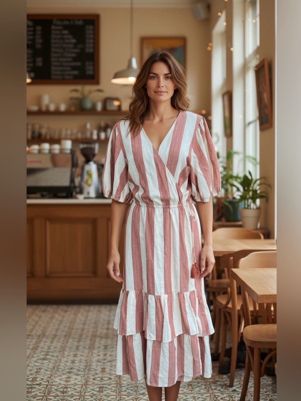 Knox Rose Striped Puff-Sleeve Wrap Midi Dress in Rust Cottagecore Size Medium